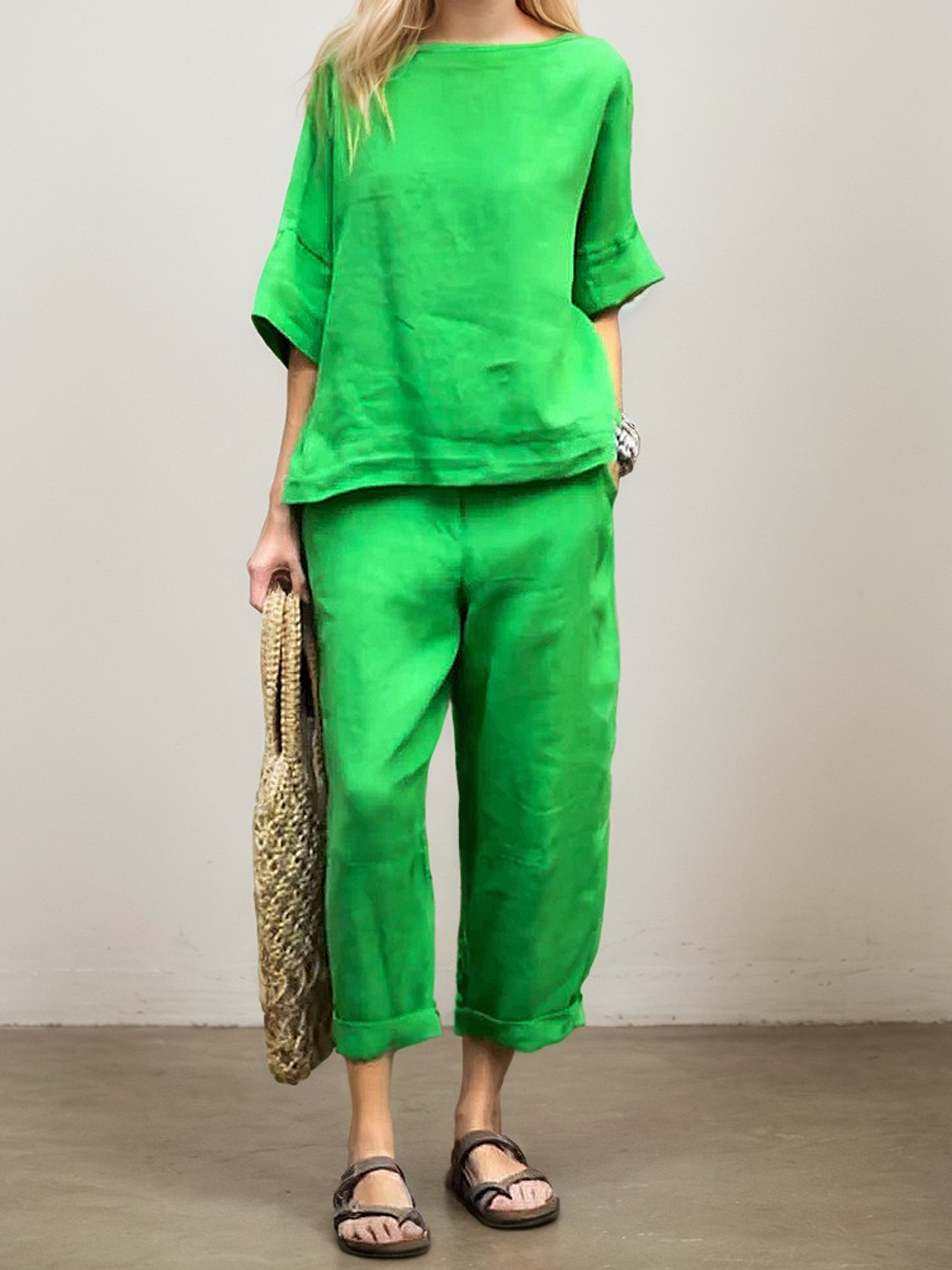 Casual Plain Crew Neck Two-Piece linen-cotton Set