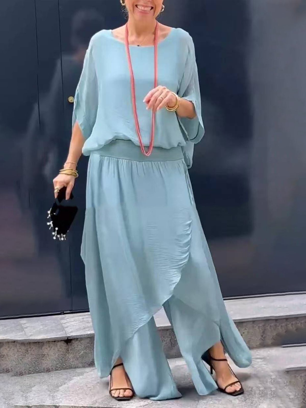 Casual Plain Crew Neck Two-Piece Set