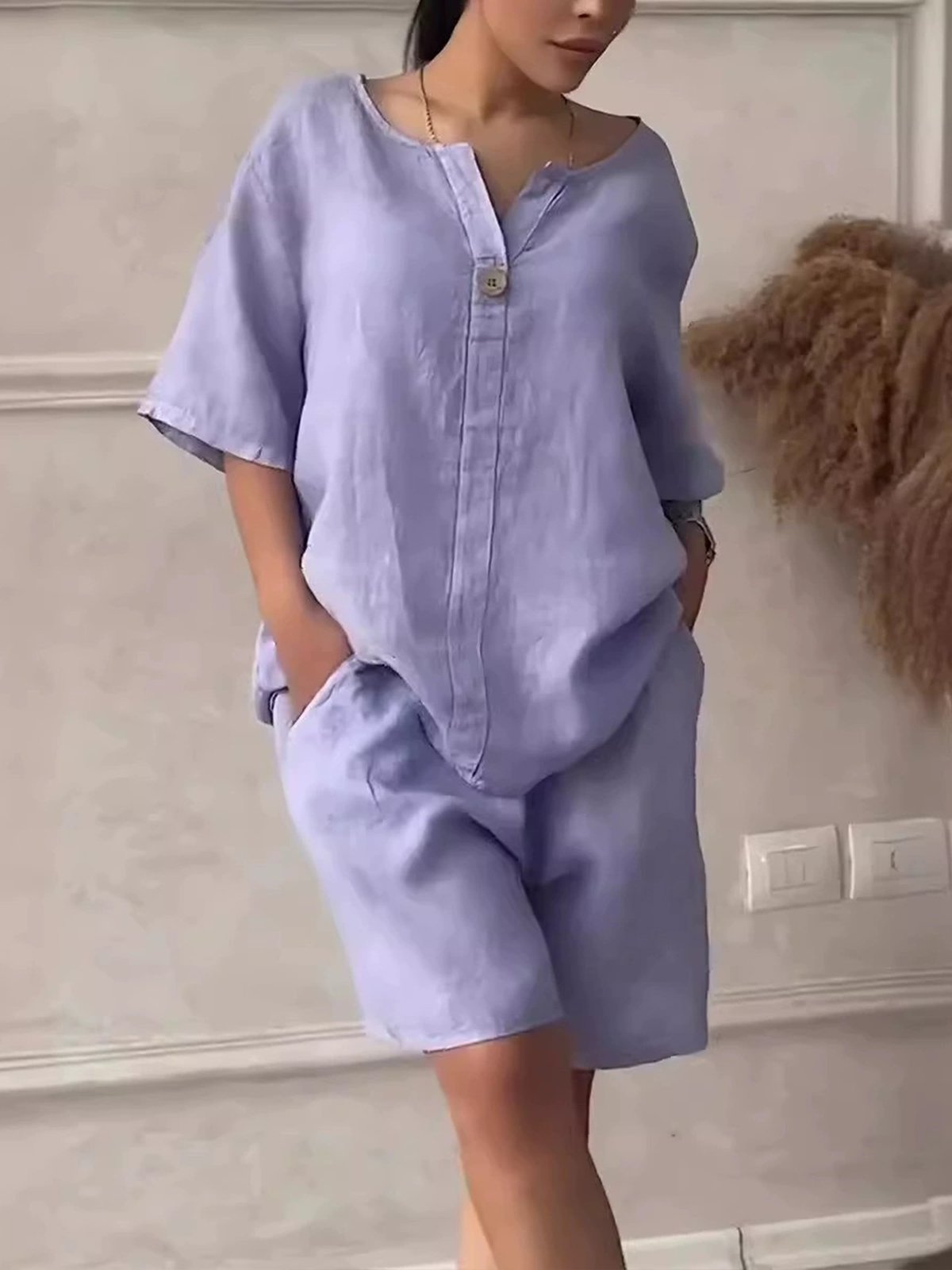 Casual Plain V Neck Two-Piece Set
