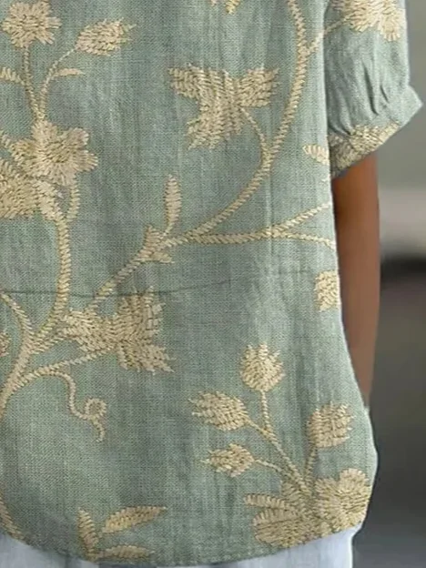 Women's Floral Spring Print Lapel Short Sleeve Shirt