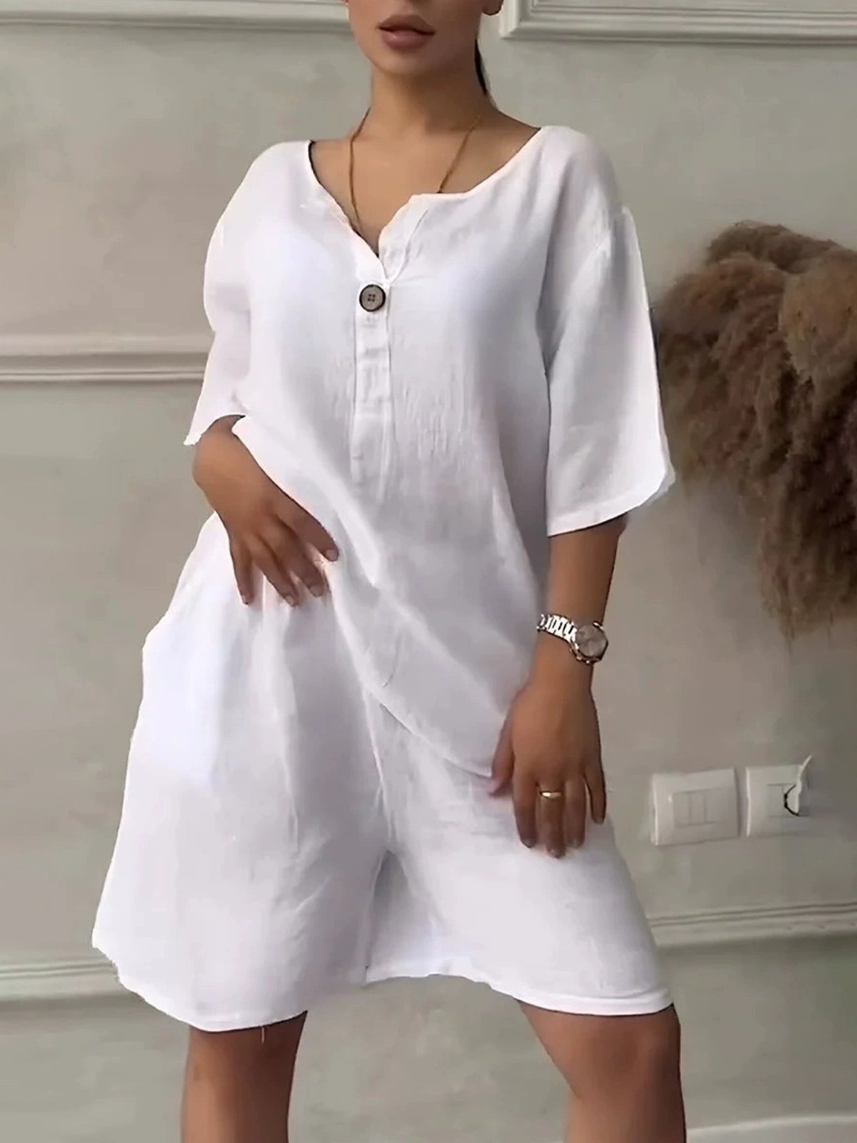 Casual Plain V Neck Two-Piece Set