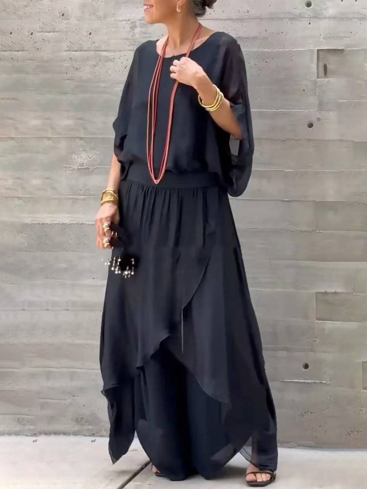 Casual Plain Crew Neck Two-Piece Set