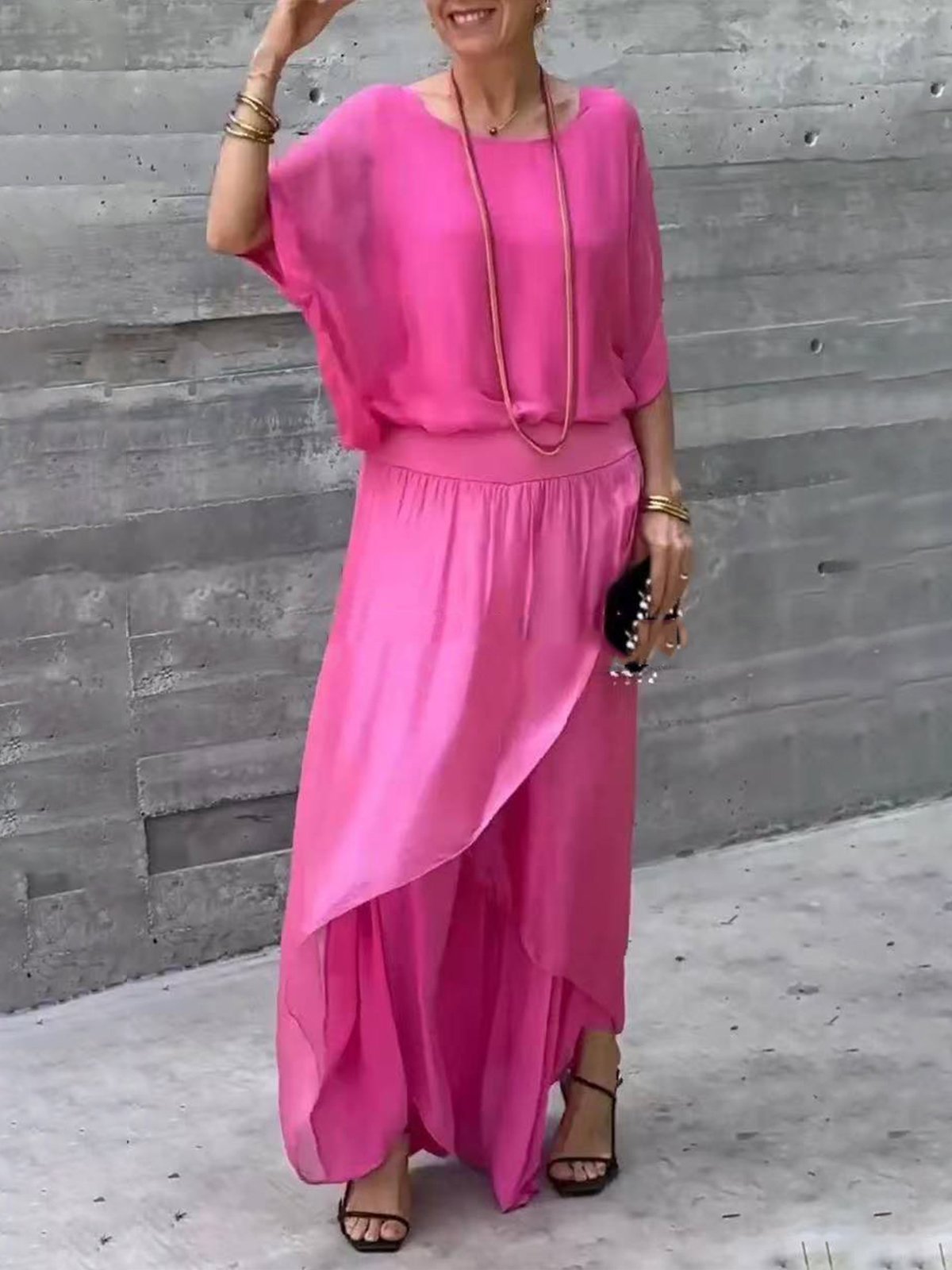 Casual Plain Crew Neck Two-Piece Set