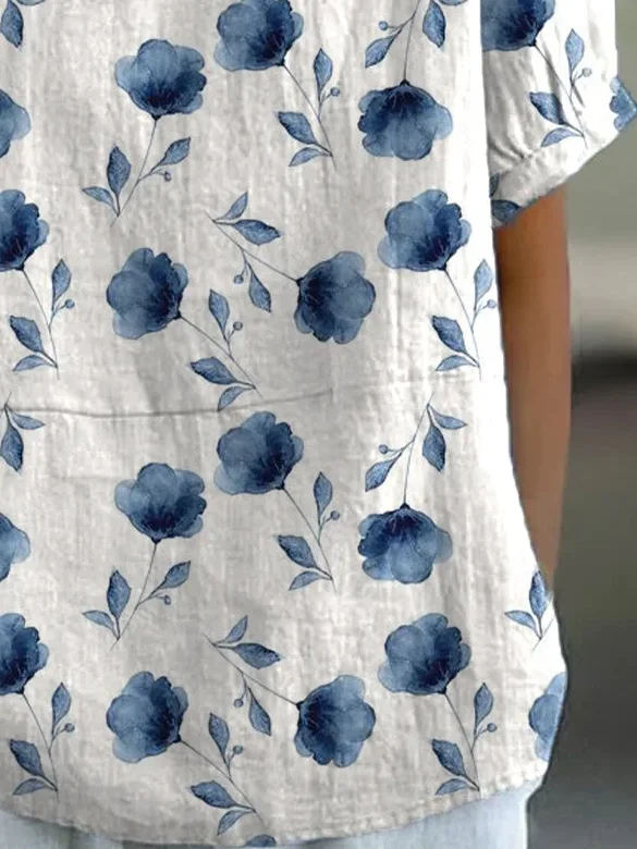 Women's Floral Spring Print Lapel Short Sleeve Shirt