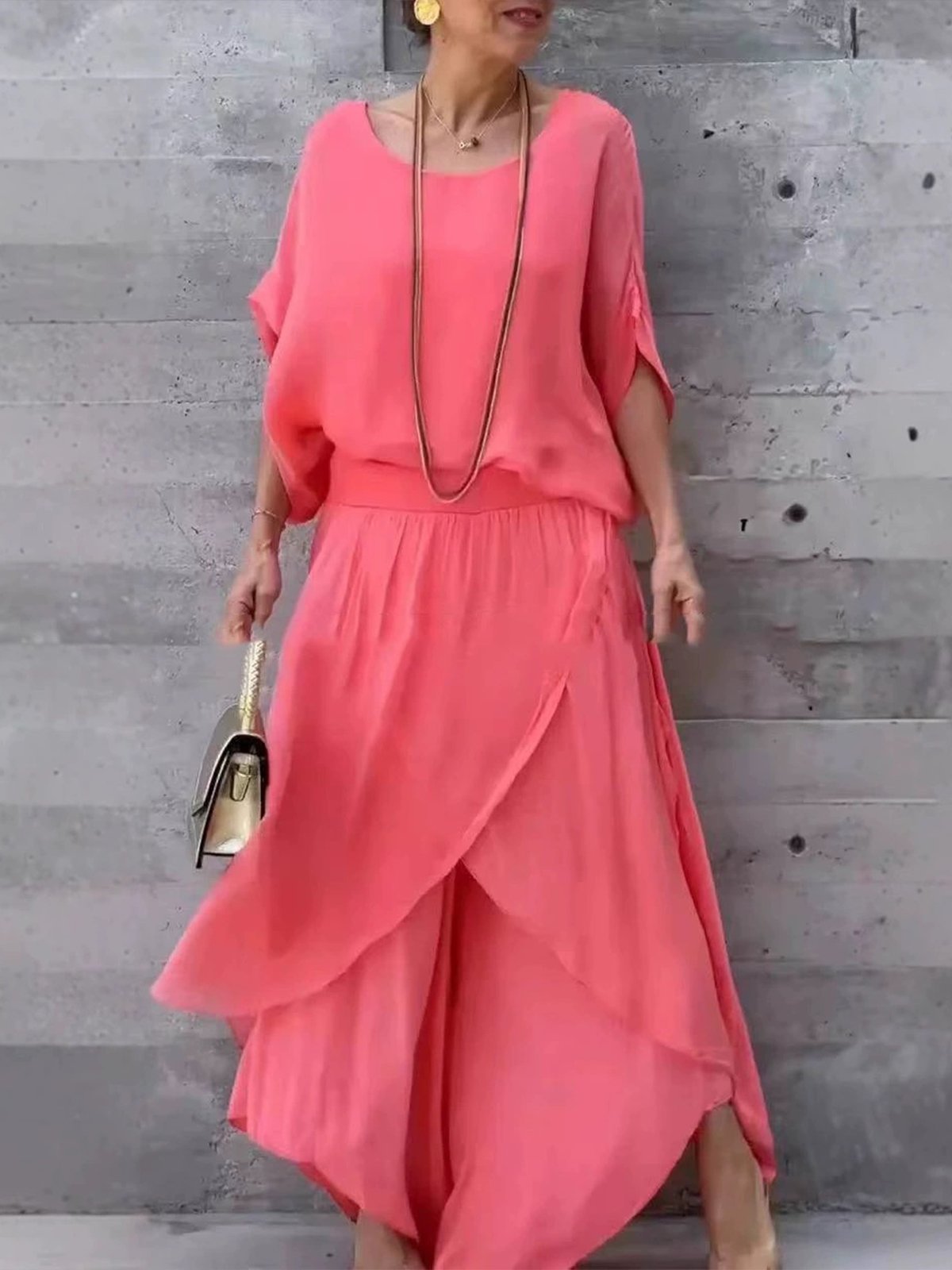 Casual Plain Crew Neck Two-Piece Set