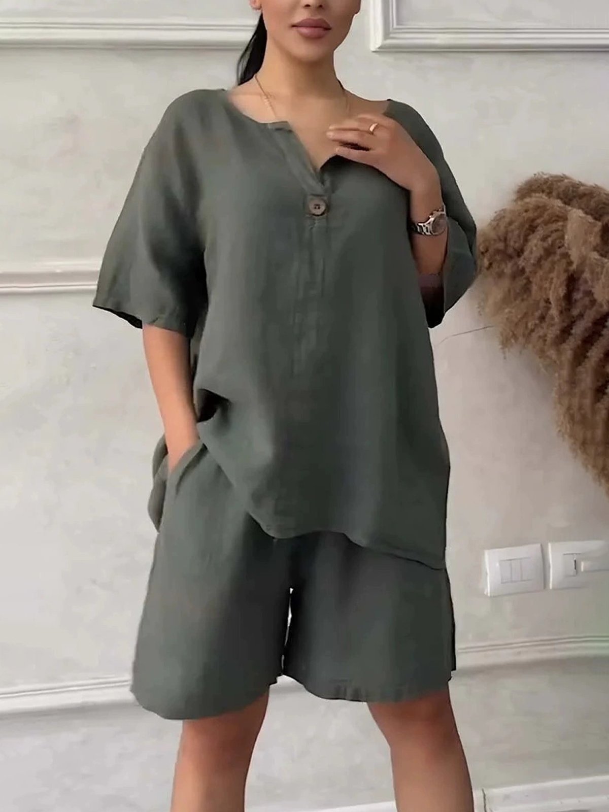 Casual Plain V Neck Two-Piece Set