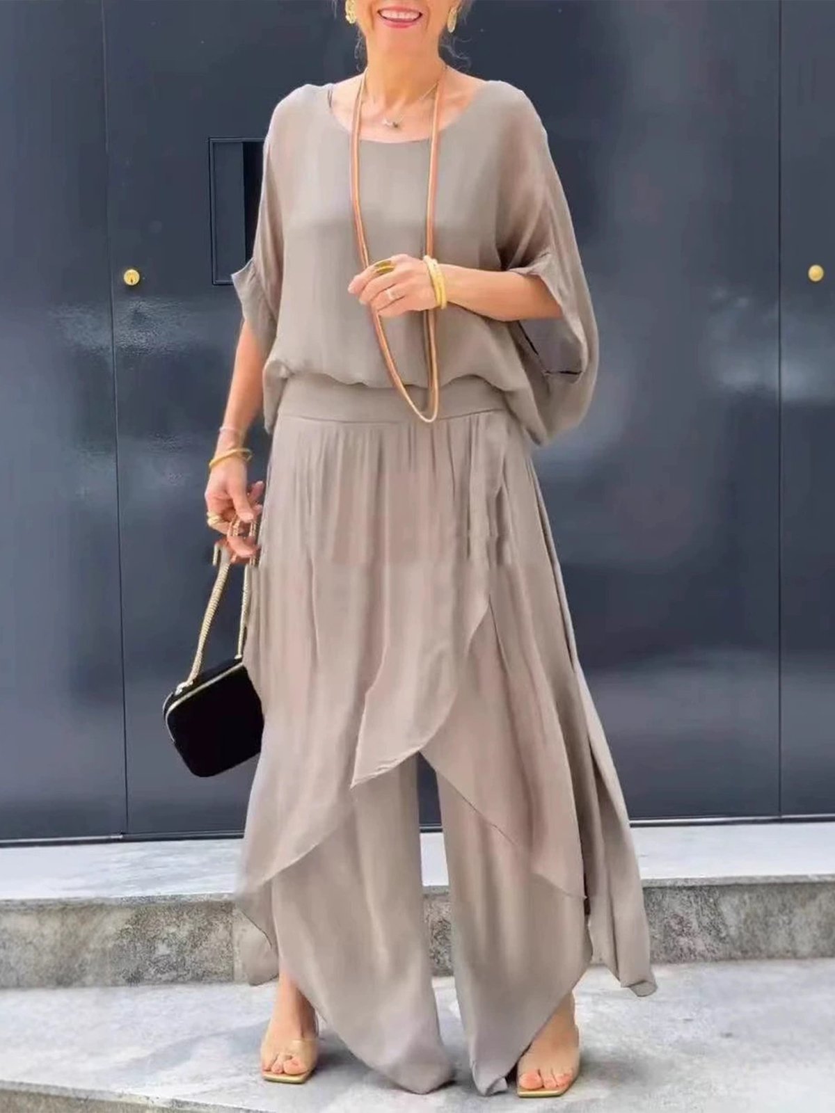 Casual Plain Crew Neck Two-Piece Set