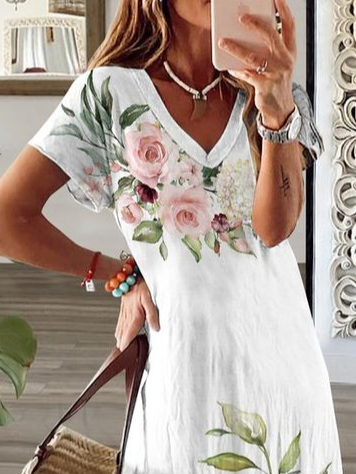 Women's Spring Printed Casual V-Neck Short Sleeve Dress