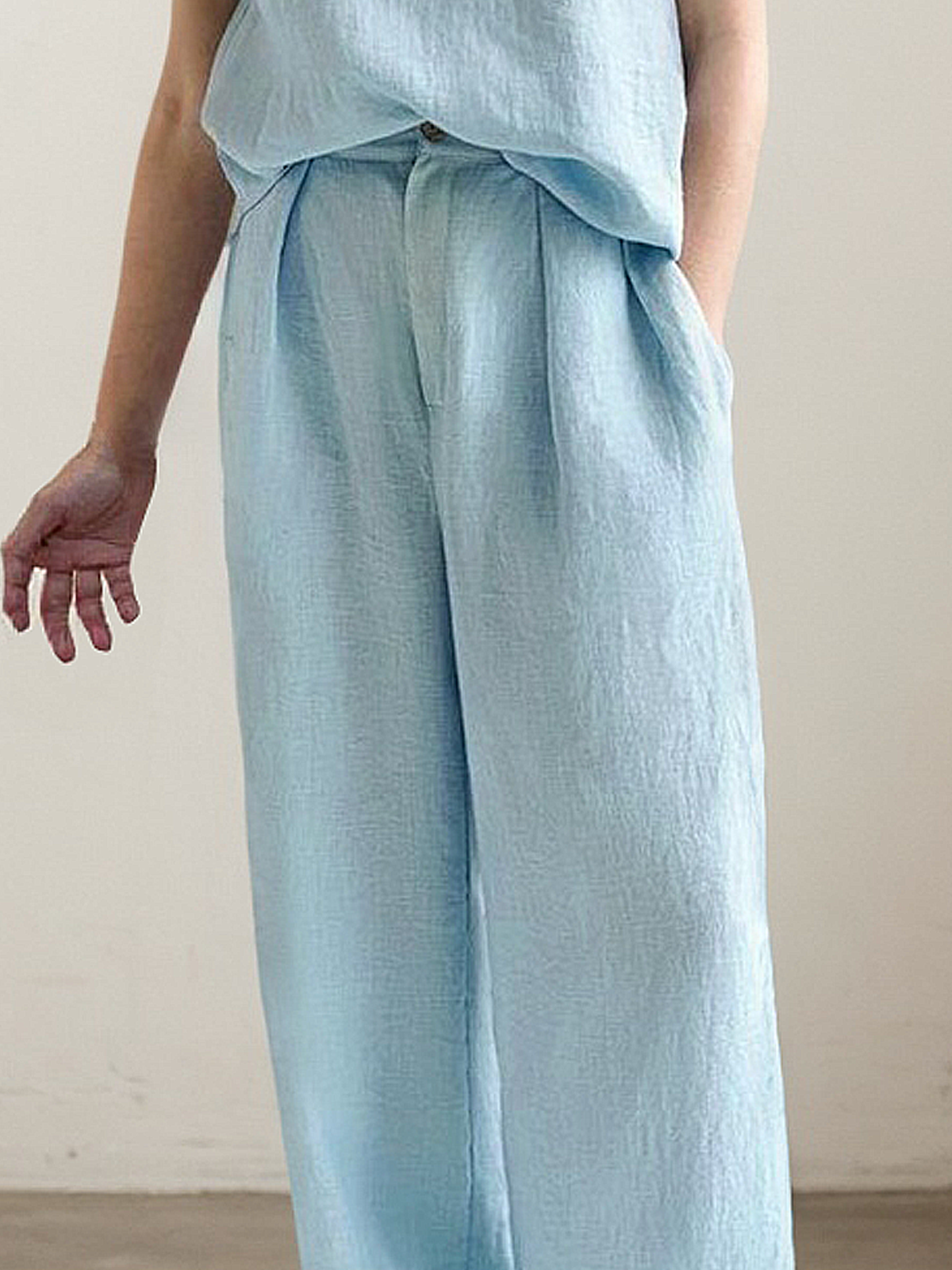 Casual Plain  linen-cotton Two-Piece Set
