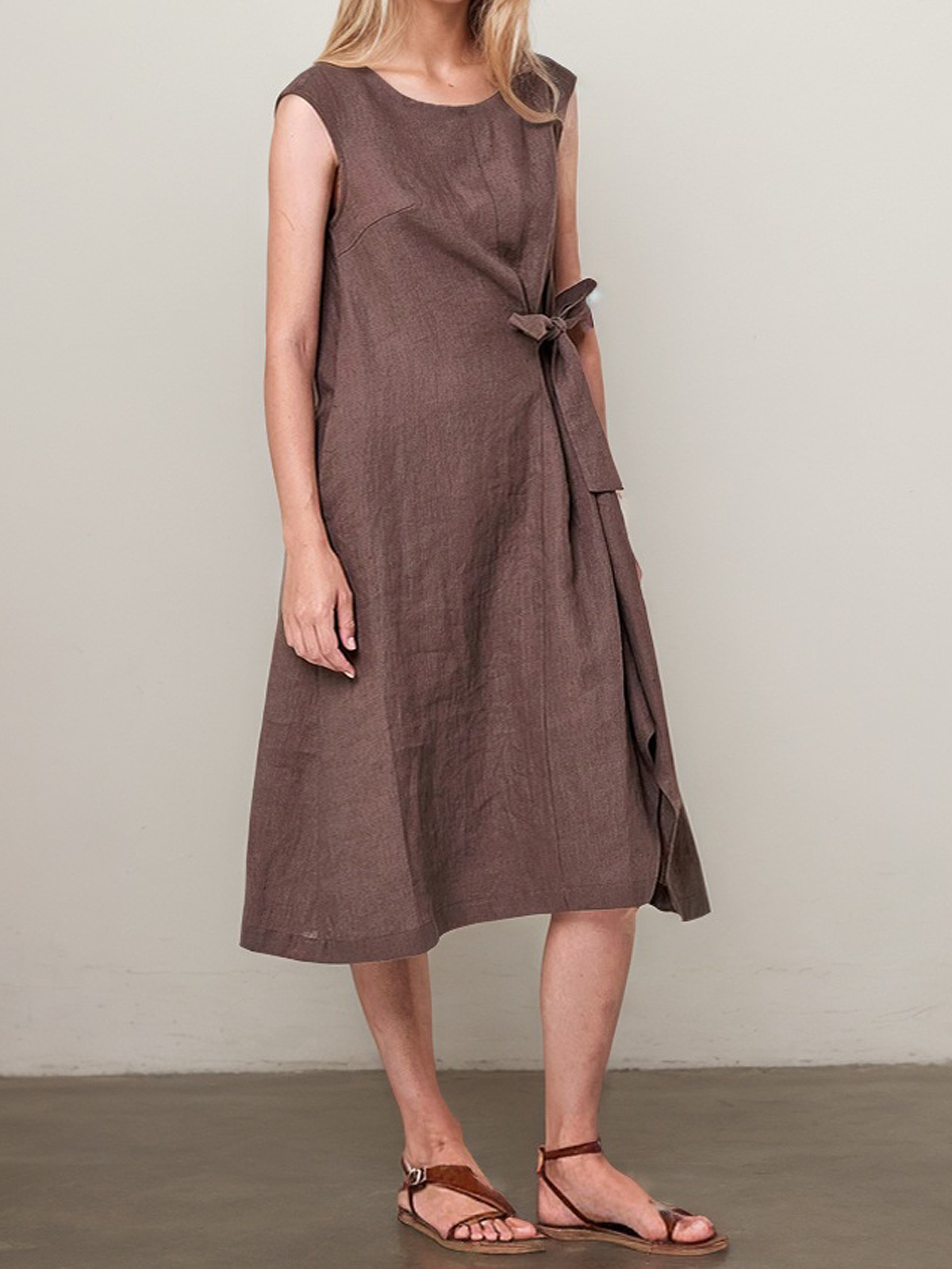 Casual Plain Asymmetric linen-cotton Knee Length Dress