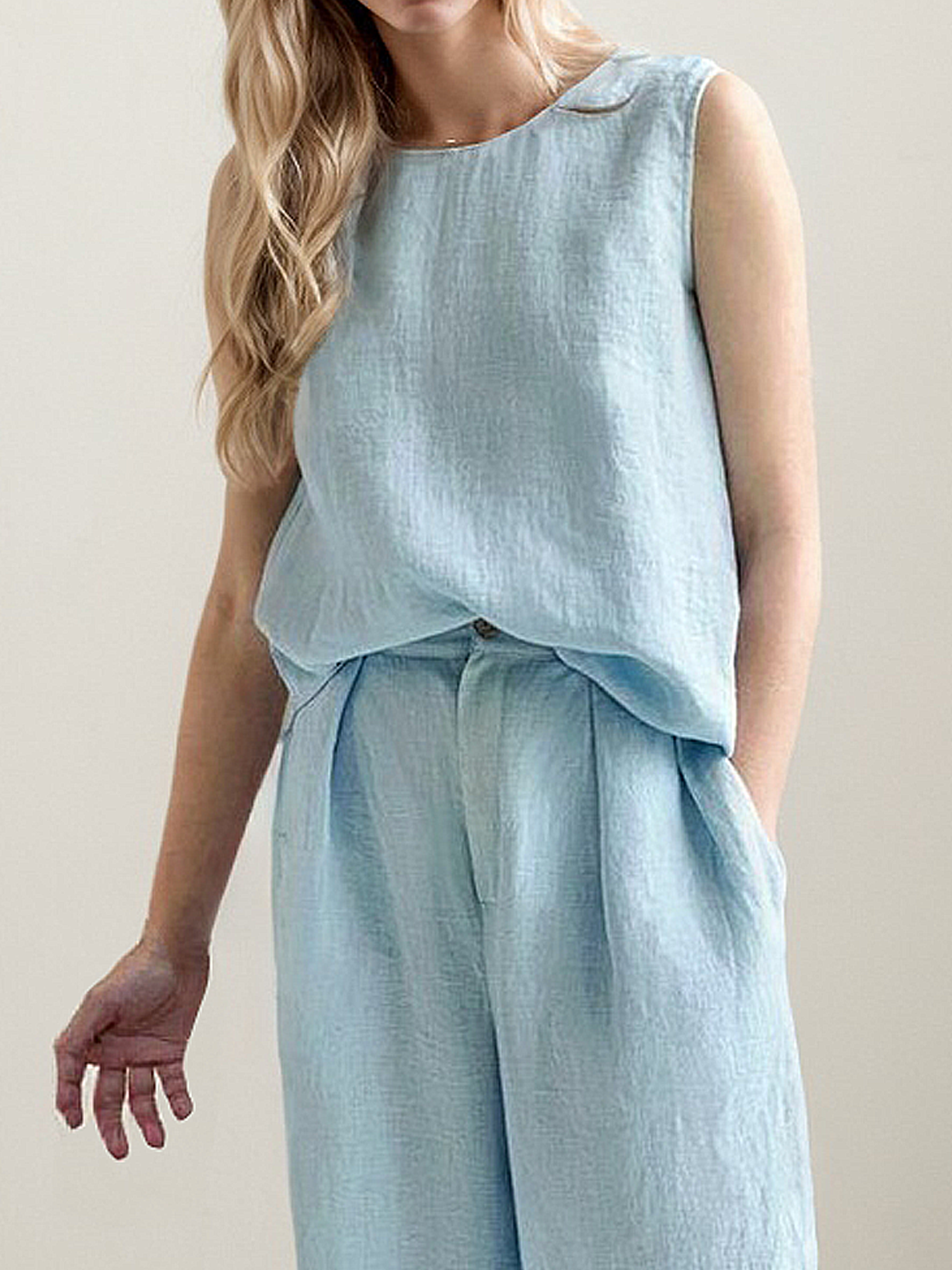 Casual Plain  linen-cotton Two-Piece Set