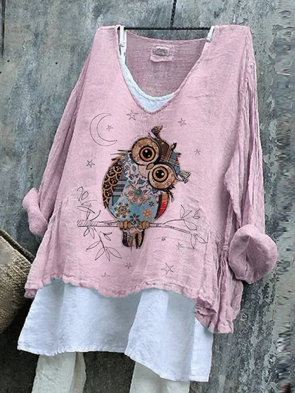 Women Animal V Neck Vintage Long Sleeve T-shirt