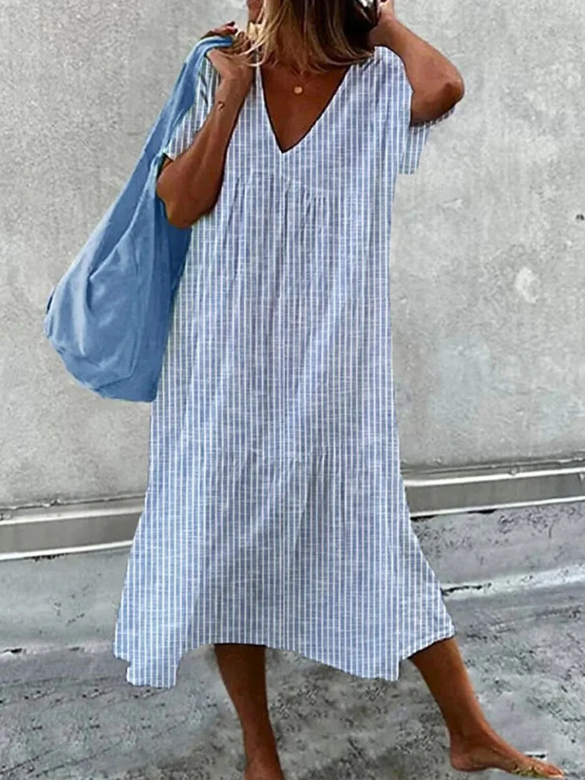 Casual Striped Cotton Dress With No Belt