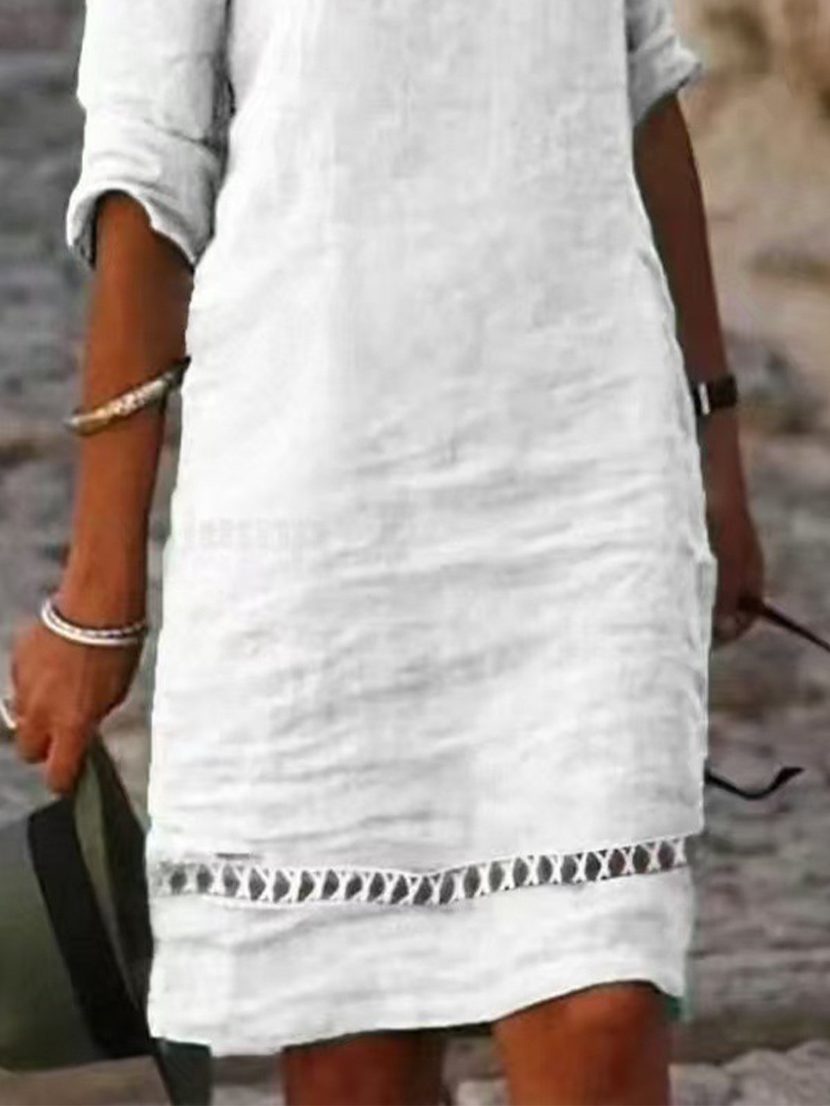 Casual Plain Hollow Out Crew Neck Midi Dress