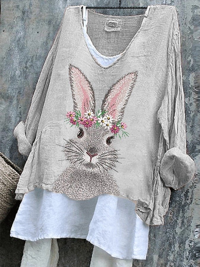 Women Easter (rabbit) V Neck Vintage Long Sleeve T-shirt