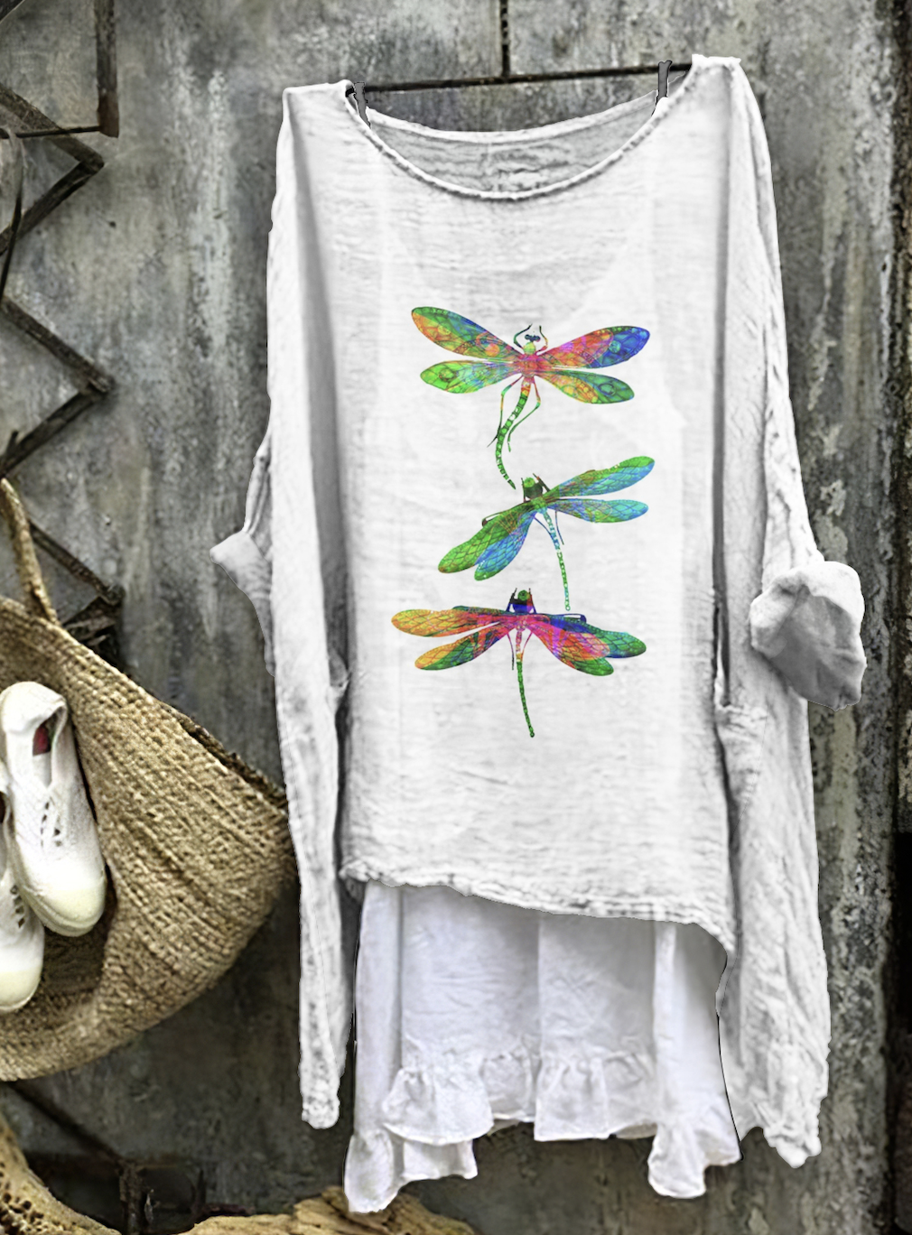 Dragonfly pattern comfortable casual cotton linen long sleeved dress