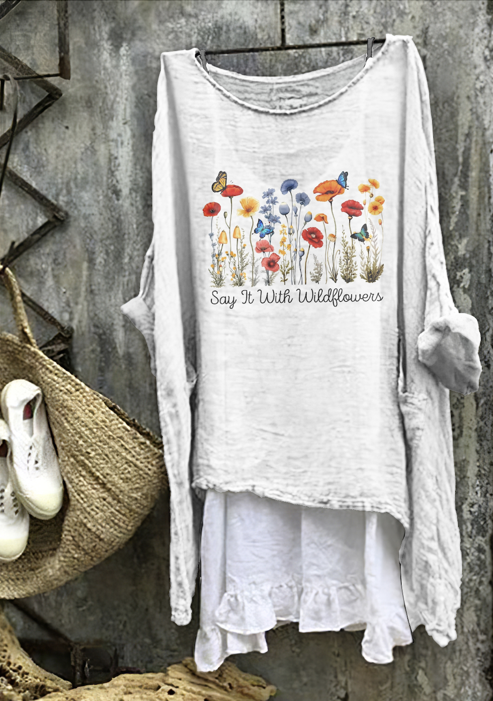 Small fresh floral comfortable casual cotton linen long sleeved dress
