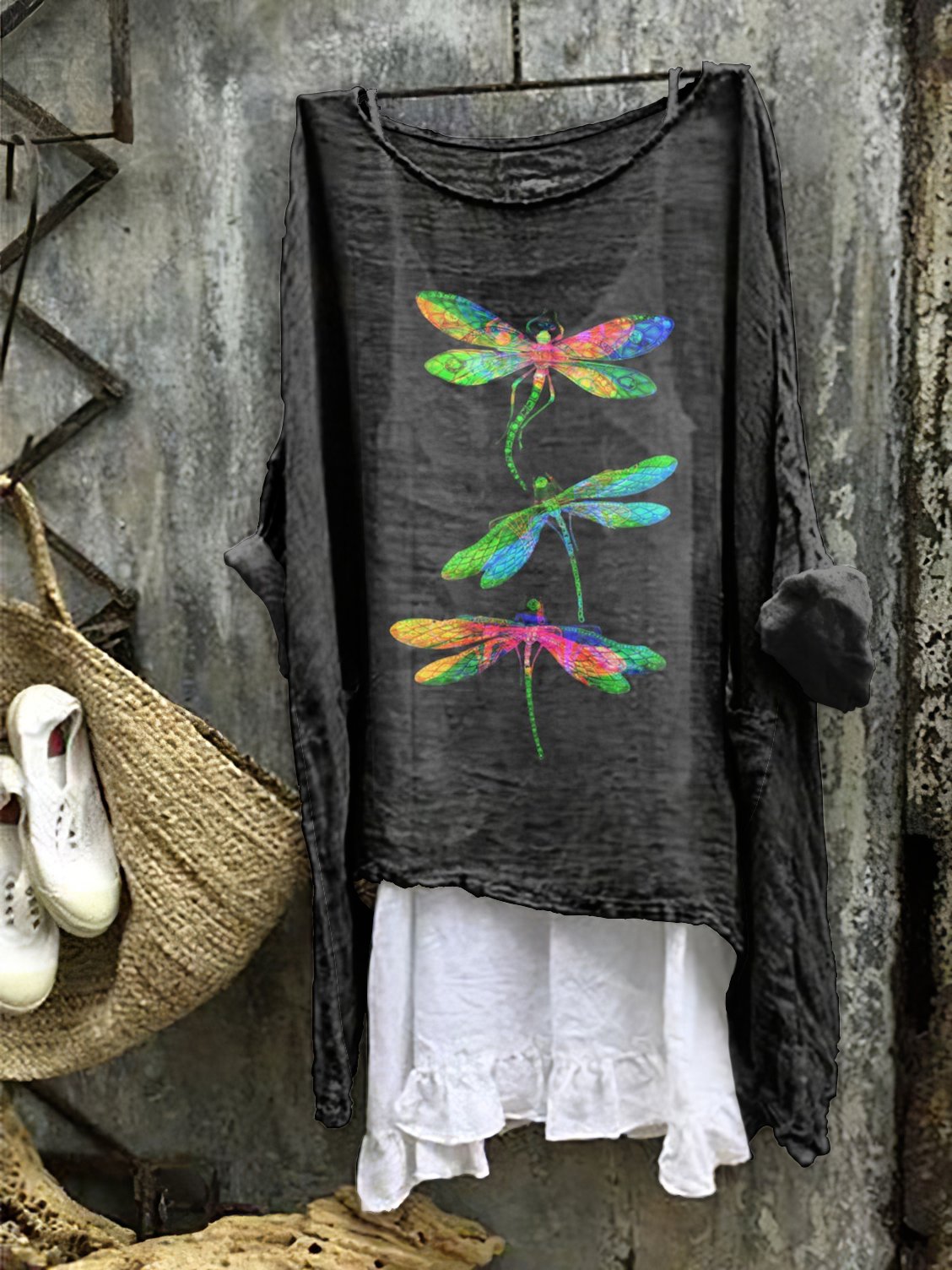 Dragonfly pattern comfortable casual cotton linen long sleeved dress