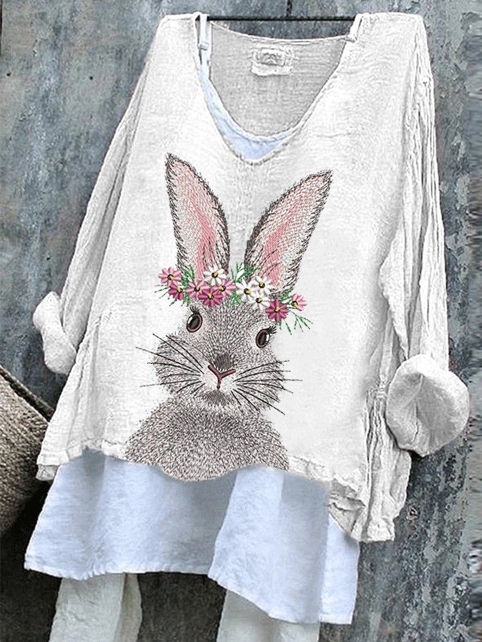 Women Easter (rabbit) V Neck Vintage Long Sleeve T-shirt