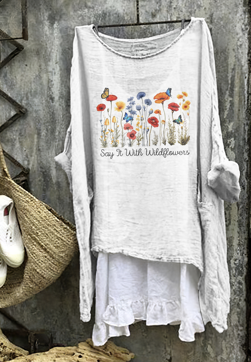 Small fresh floral comfortable casual cotton linen long sleeved dress