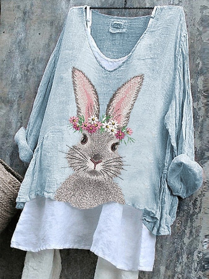 Women Easter (rabbit) V Neck Vintage Long Sleeve T-shirt