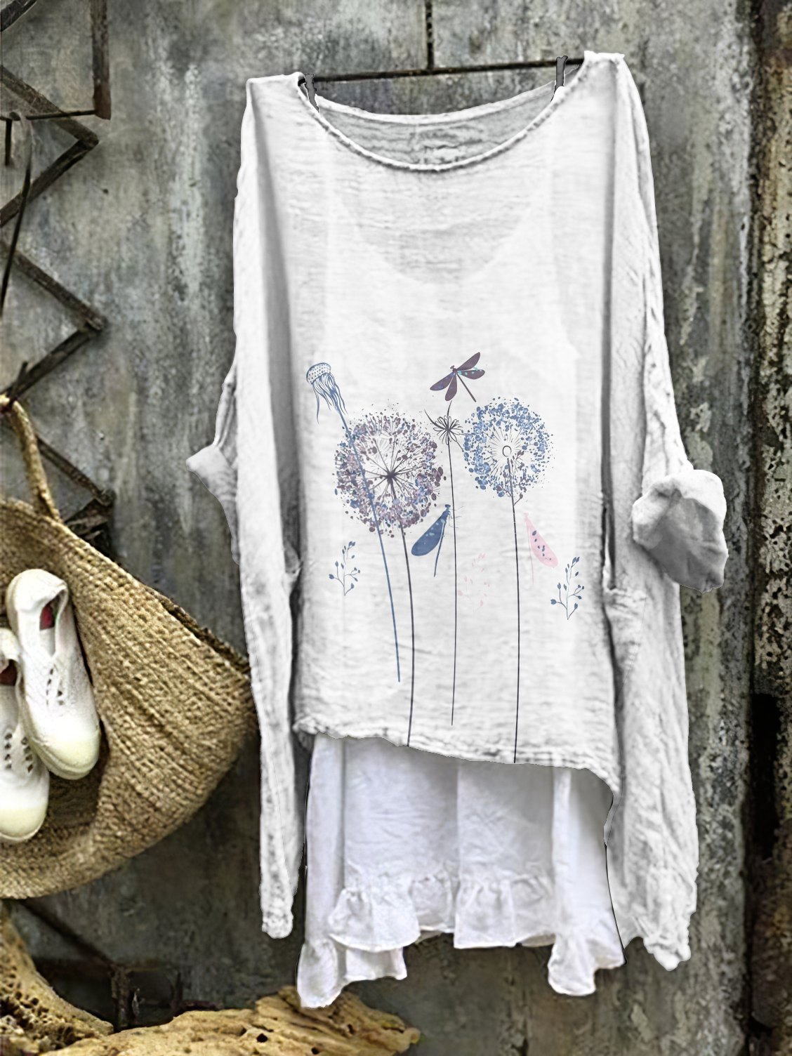 Dandelion comfortable casual cotton linen long sleeved dress