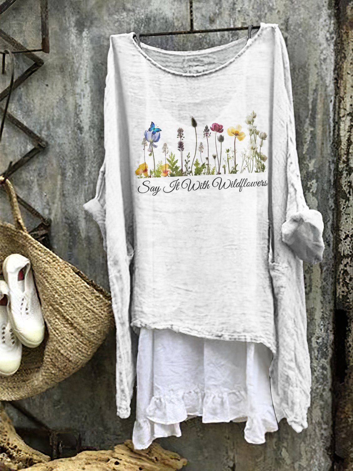 Small fresh wildflower comfortable casual cotton linen long sleeved dress
