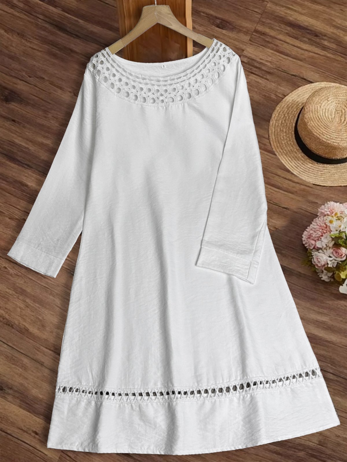 Casual Plain Hollow Out Crew Neck Midi Dress