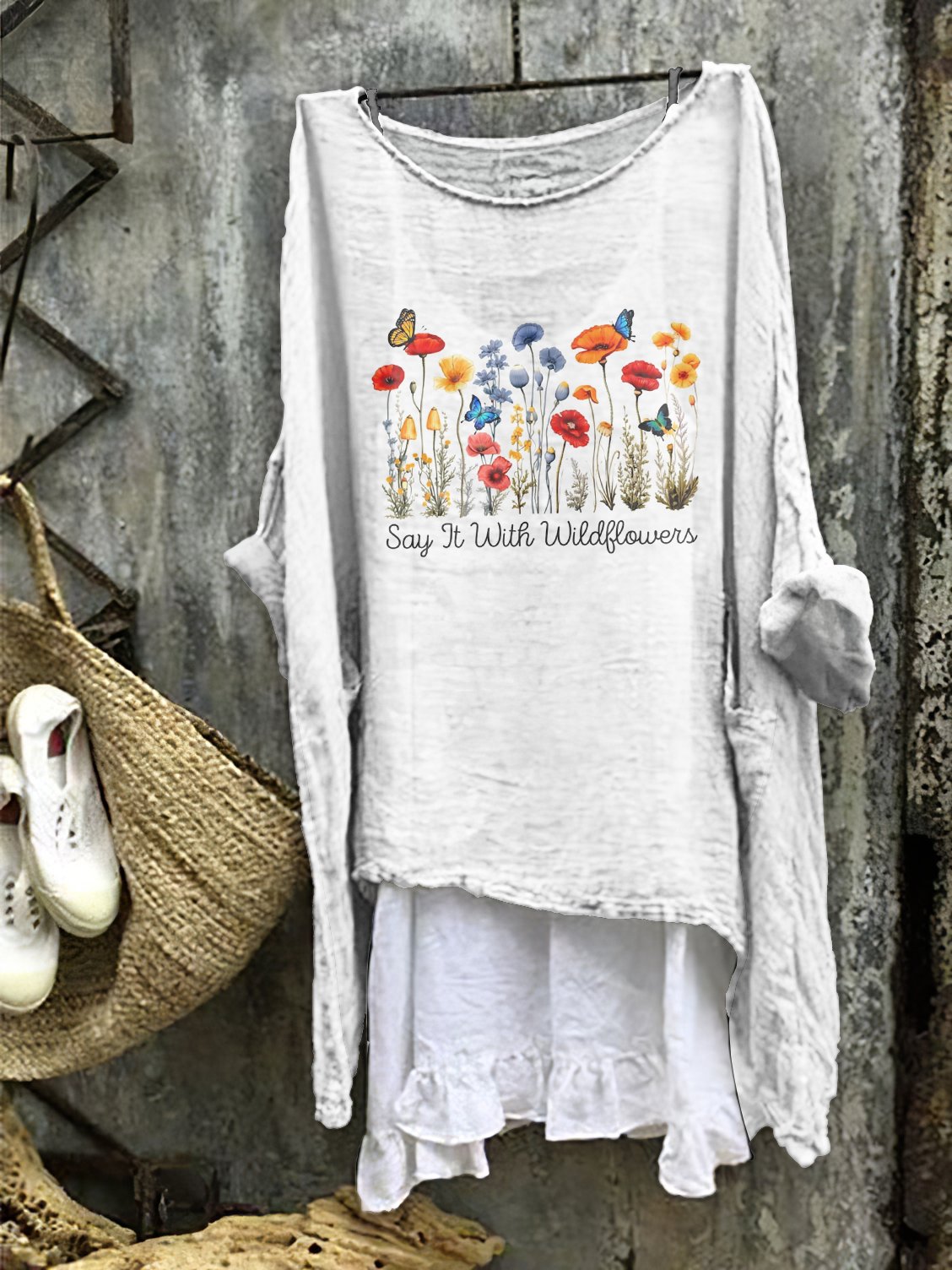 Small fresh floral comfortable casual cotton linen long sleeved dress