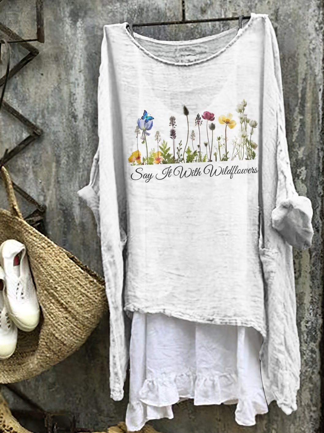 Small fresh wildflower comfortable casual cotton linen long sleeved dress