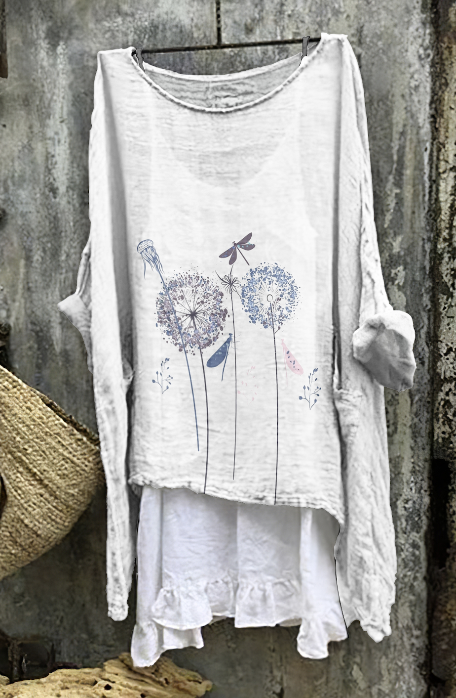 Dandelion comfortable casual cotton linen long sleeved dress
