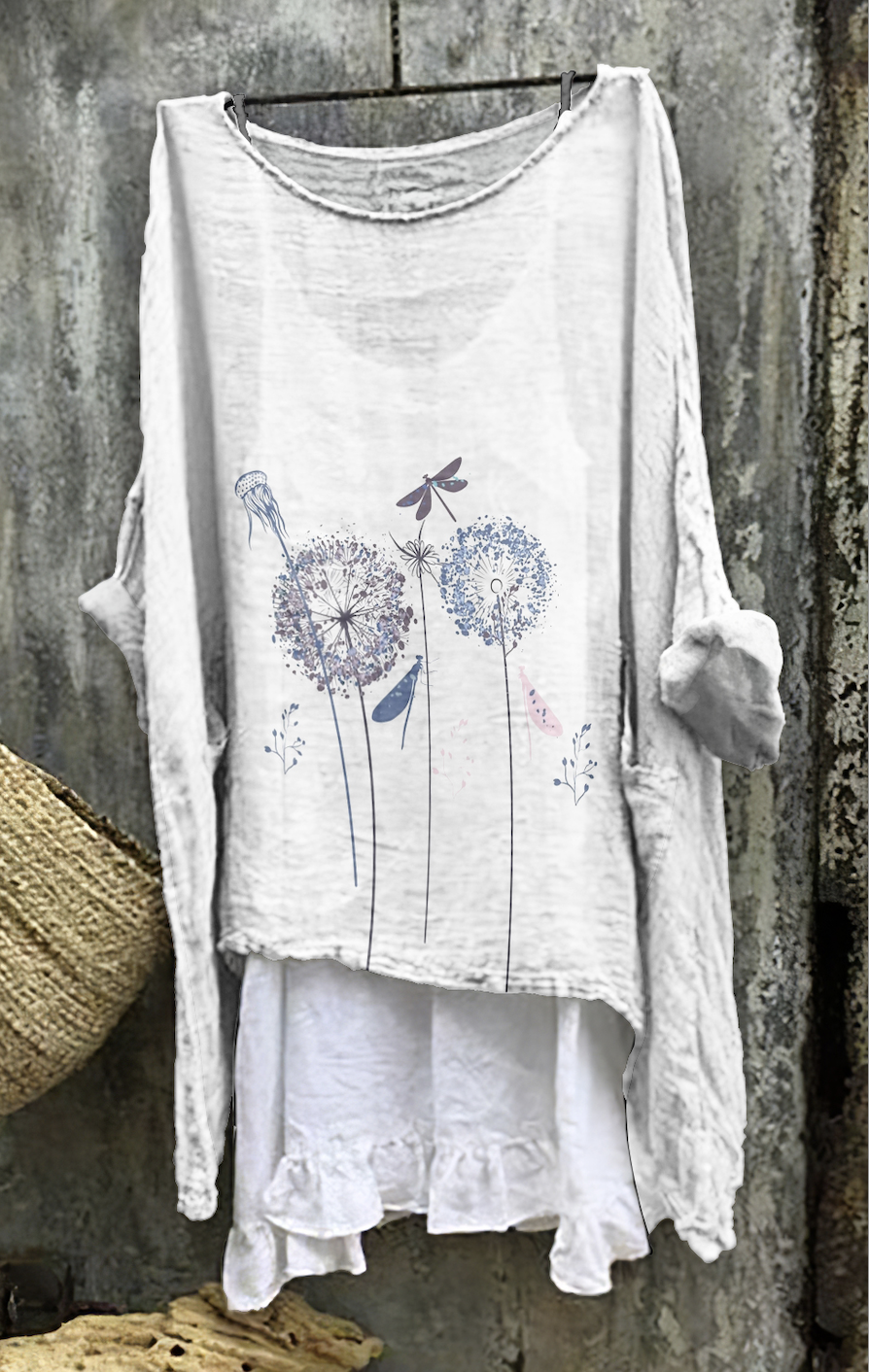Dandelion comfortable casual cotton linen long sleeved dress