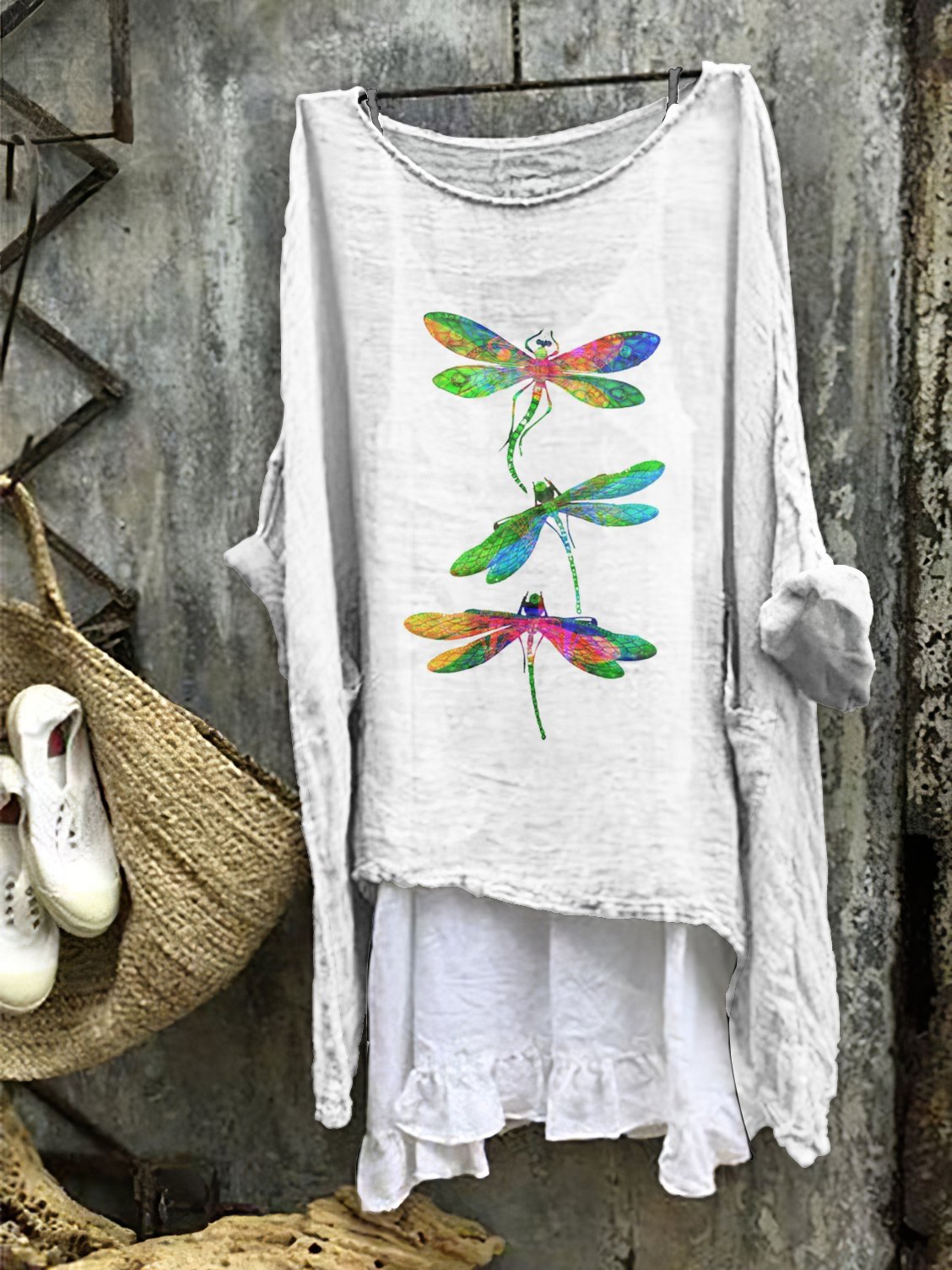 Dragonfly pattern comfortable casual cotton linen long sleeved dress