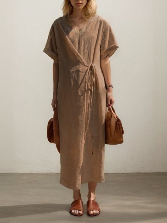 Linen Plain Crew Neck Maxi Dress