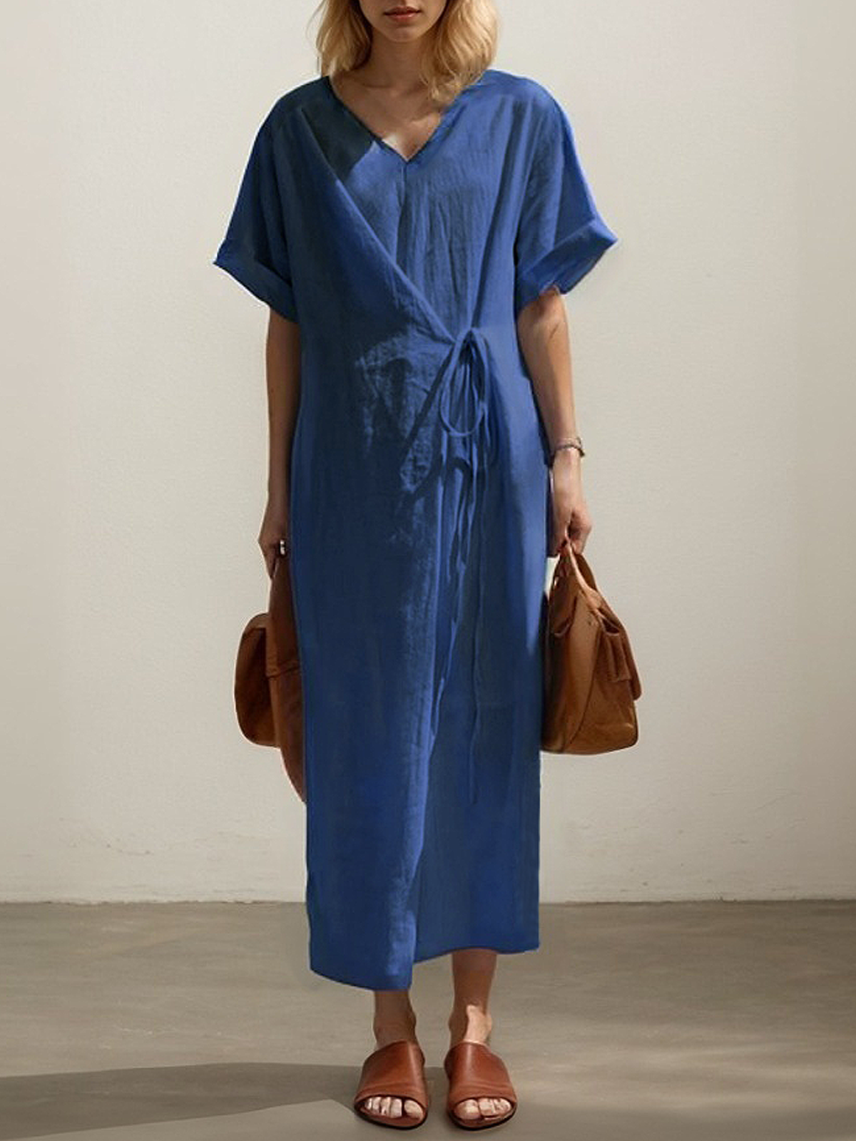Linen Plain Crew Neck Maxi Dress