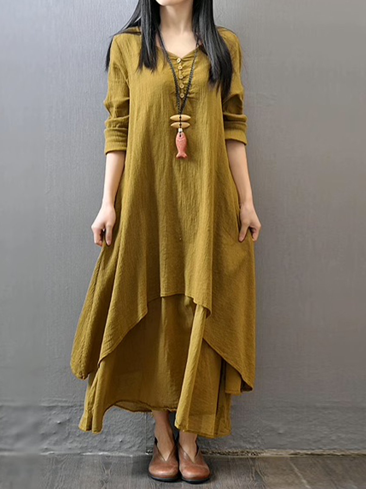 Casual Plain V Neck Maxi Dress