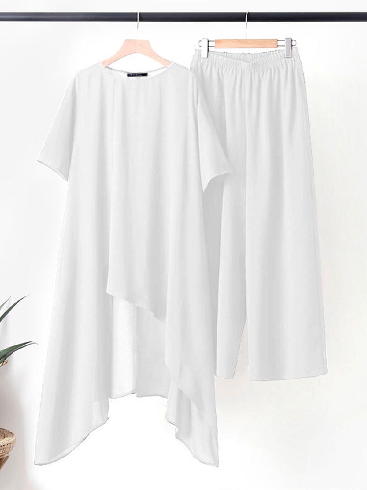 Casual Plain Crew Neck Two-Piece Set