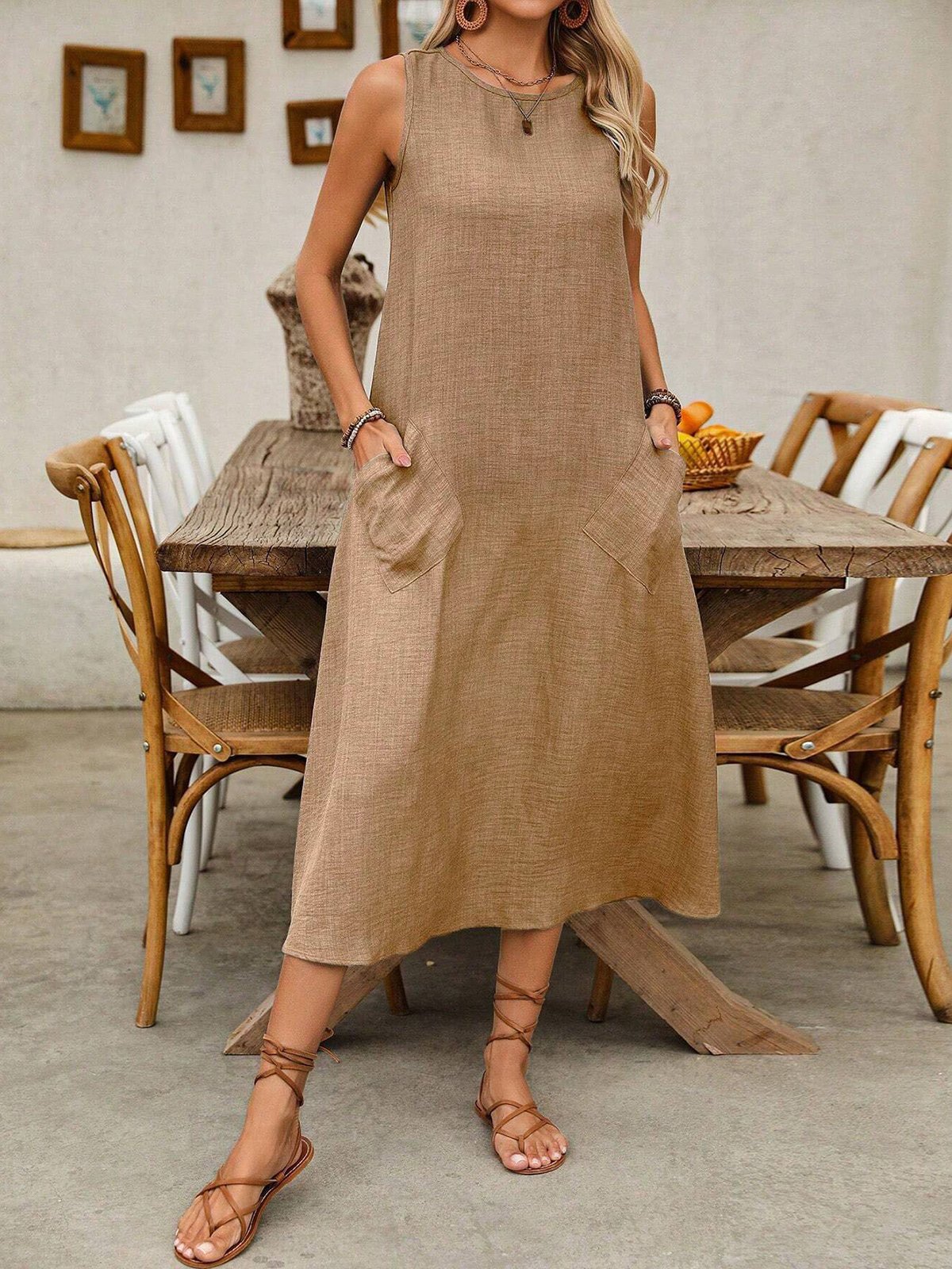 Casual Plain Loose Crew Neck Maxi Dress