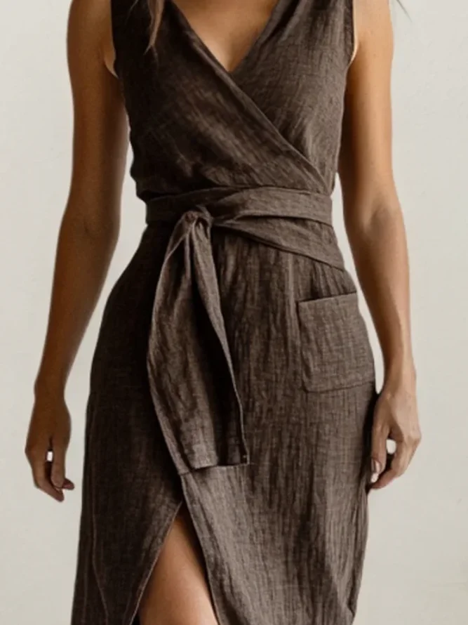 Cotton And Linen Linen Regular Fit Plain Dress