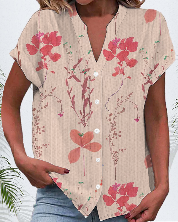Women's Short Sleeve Shirt Summer Black Floral Buckle V Neck Daily Going Out Casual Top