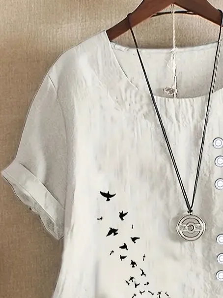 Women's Short Sleeve Shirt Summer White Floral Printing Crew Neck Daily Going Out Casual Top