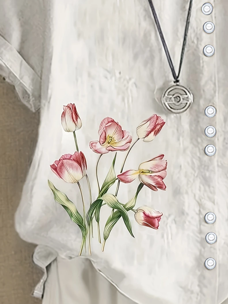 Women's Short Sleeve Shirt Summer White Floral Printing Crew Neck Daily Going Out Casual Top