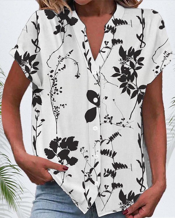 Women's Short Sleeve Shirt Summer Black Floral Buckle V Neck Daily Going Out Casual Top