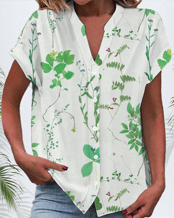 Women's Short Sleeve Shirt Summer Black Floral Buckle V Neck Daily Going Out Casual Top