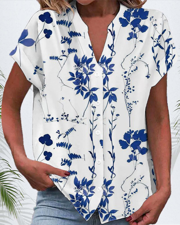 Women's Short Sleeve Shirt Summer Black Floral Buckle V Neck Daily Going Out Casual Top