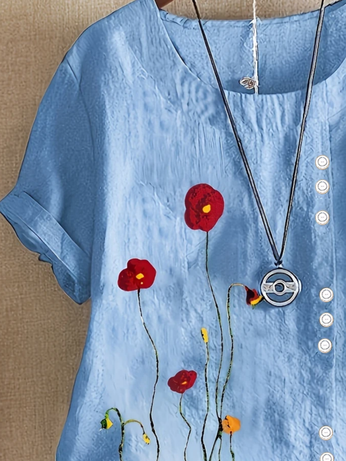 Women's Short Sleeve Shirt Summer White Floral Printing Crew Neck Daily Going Out Casual Top