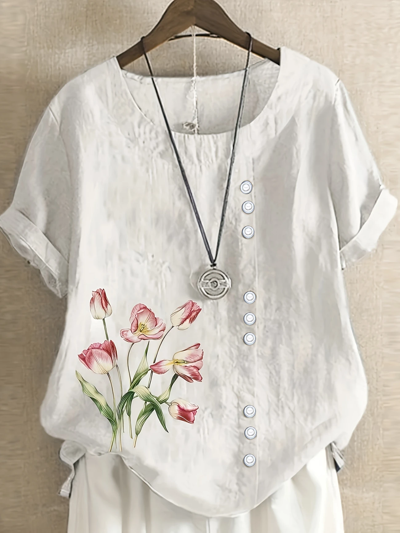 Women's Short Sleeve Shirt Summer White Floral Printing Crew Neck Daily Going Out Casual Top