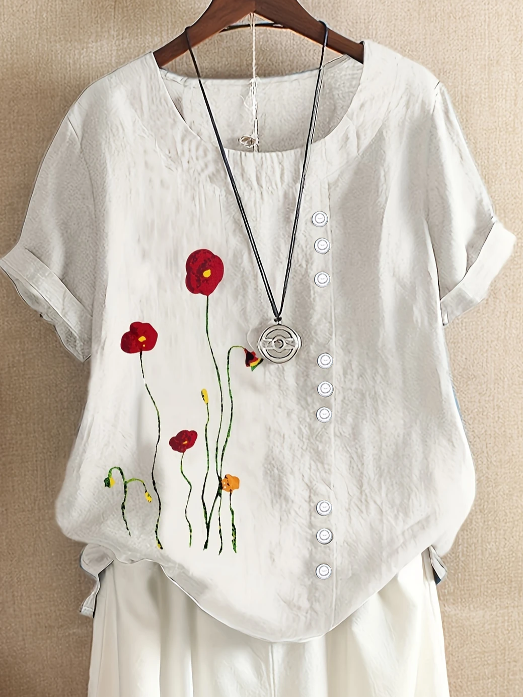 Women's Short Sleeve Shirt Summer White Floral Printing Crew Neck Daily Going Out Casual Top