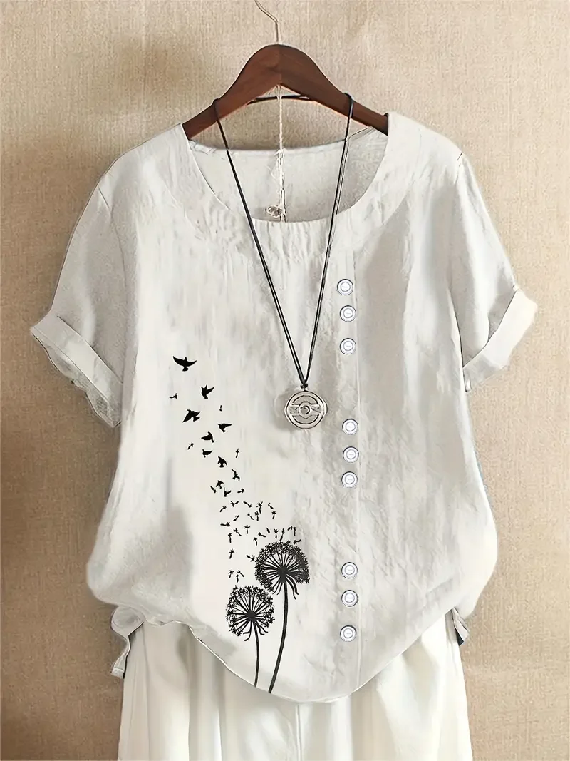 Women's Short Sleeve Shirt Summer White Floral Printing Crew Neck Daily Going Out Casual Top