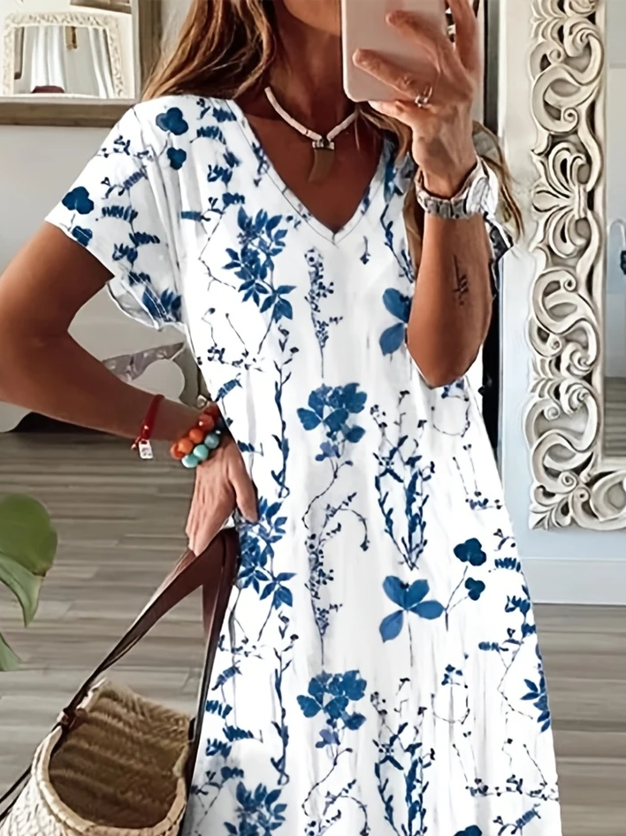 Women's Floral Spring Print V-Neck Short Sleeve Slit Dress